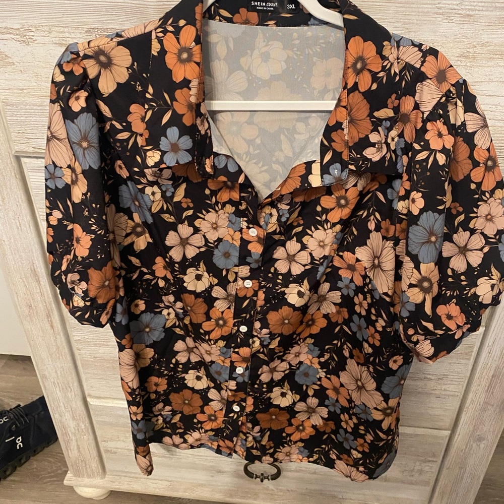 SHEIN Black and Orange Floral Blouse